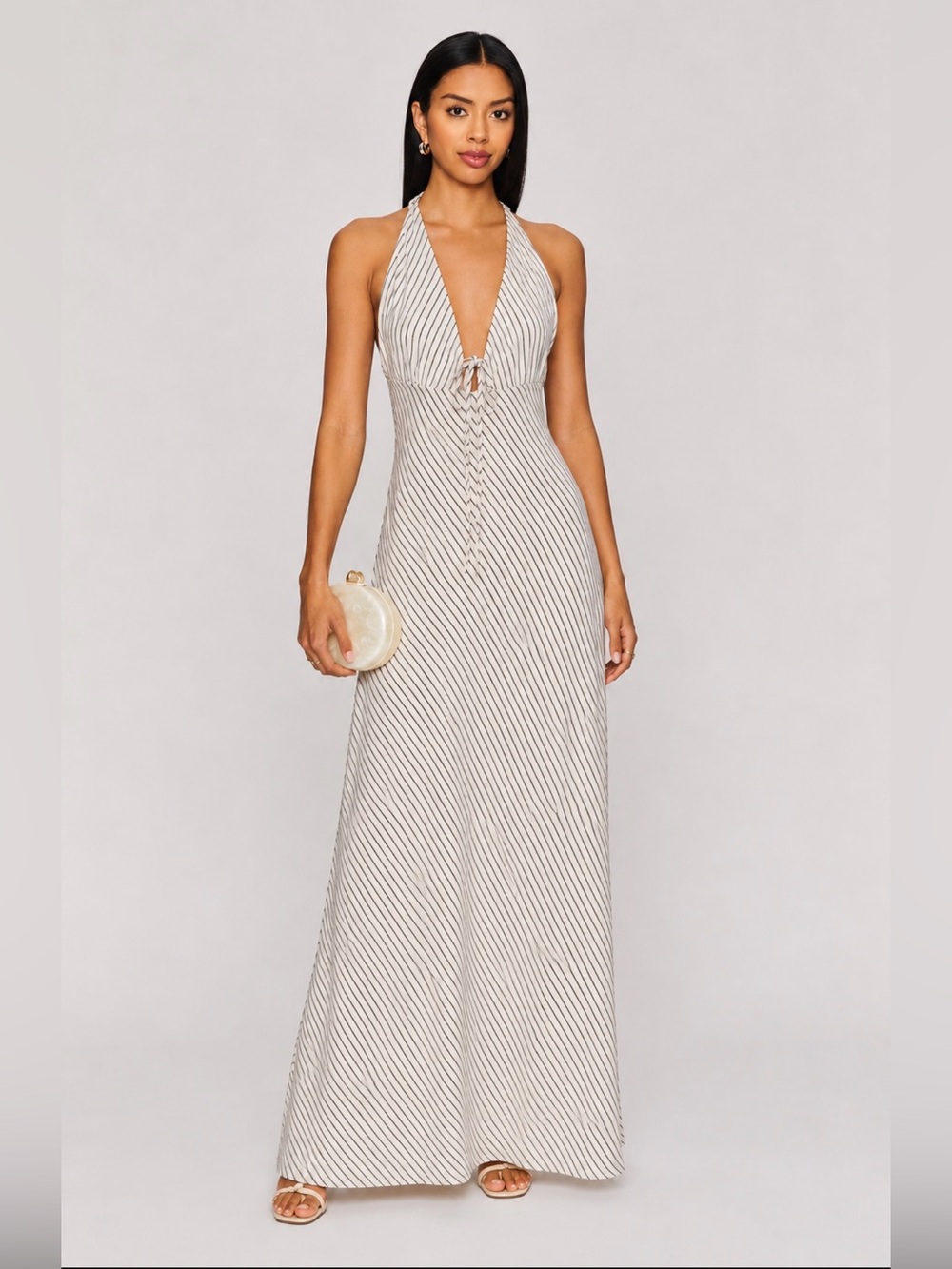 REVOLVE Cream and Black Striped Halter Maxi Dress